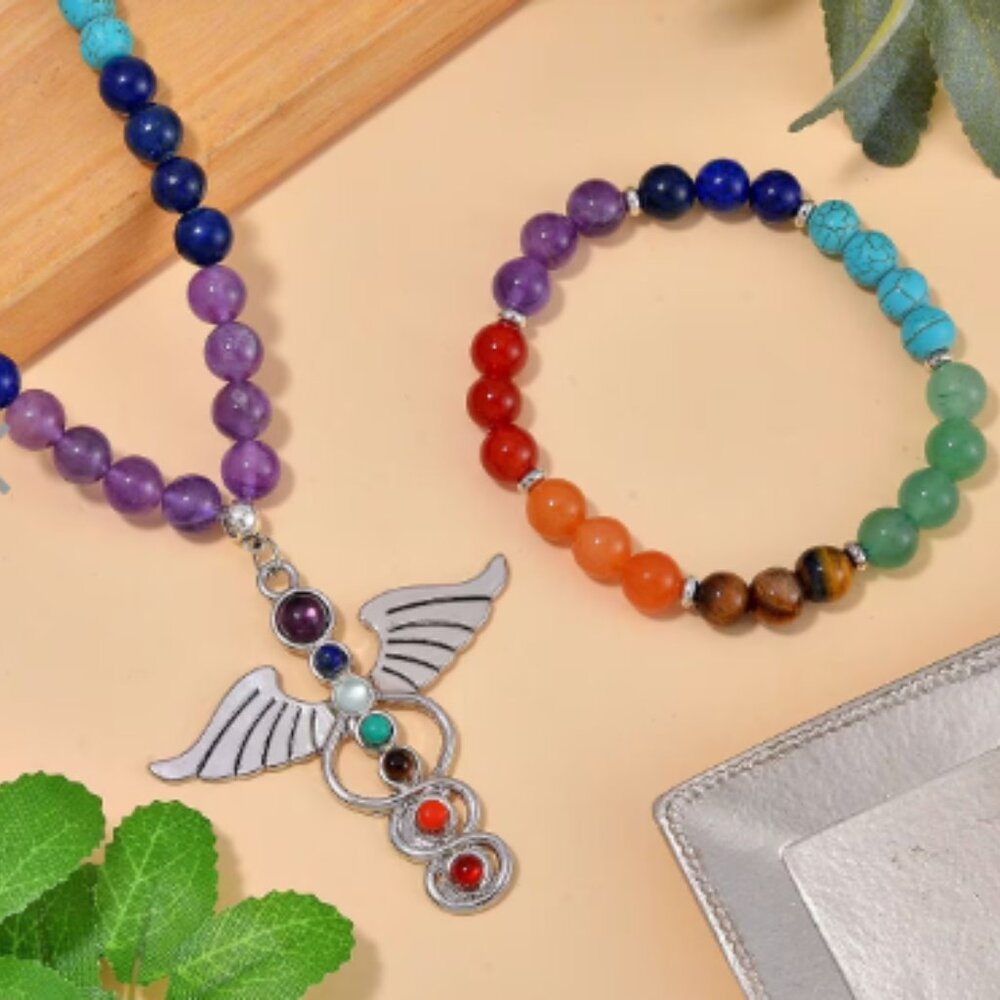 Multi Gemstone Beaded Seven Chakra Angel Wing Necklace and Stretch Bracelet